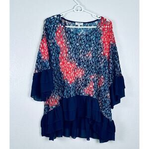 Umgee Boho Open Crochet Red and Blue Lace Blouse Chiffon Ruffle Trim Sparkle